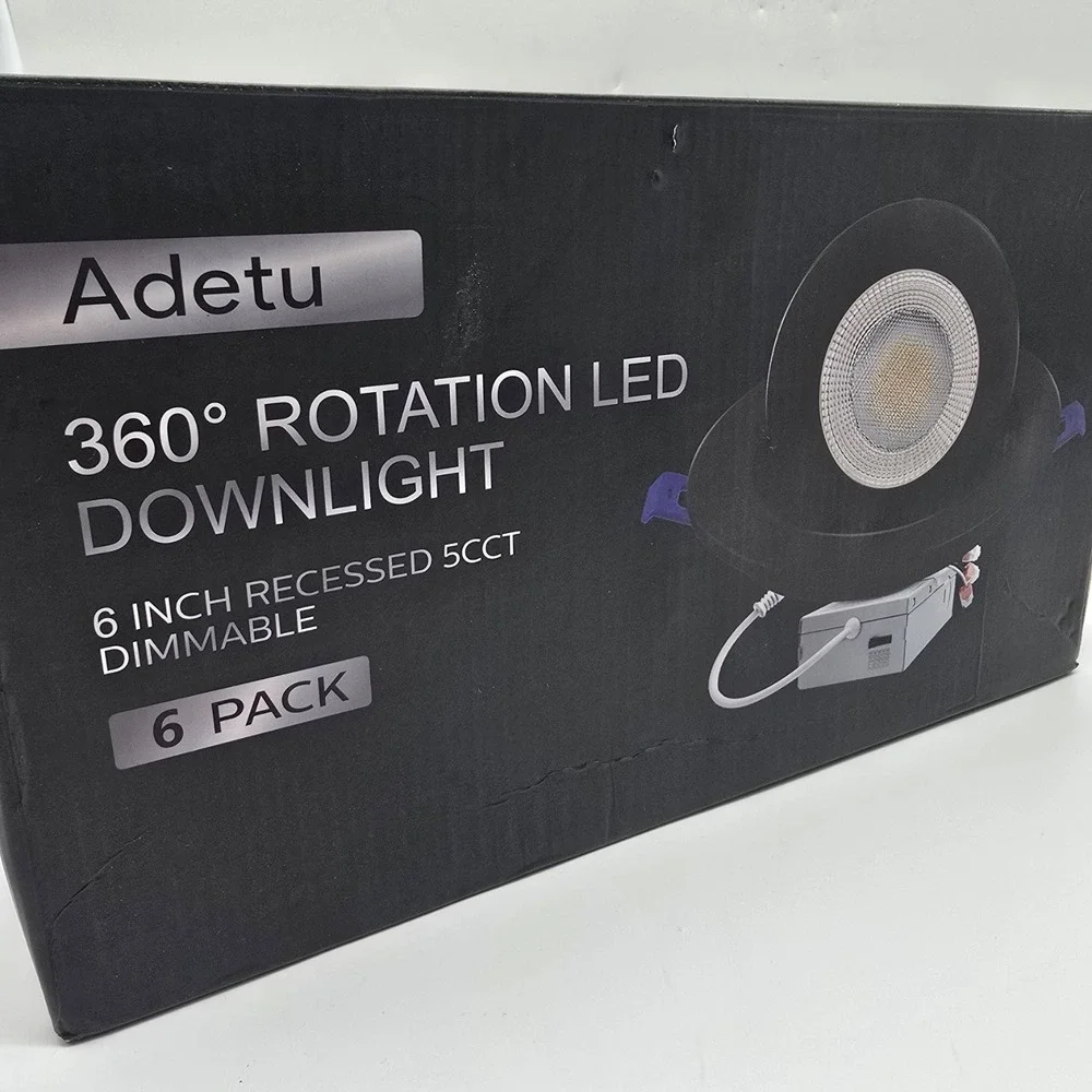 Adetu 6 Inch 360° Rotation LED Recessed Downlight 5CCT Dimmable Black 6 Pack